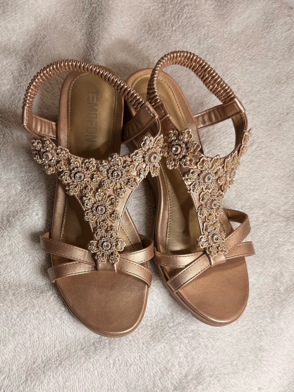 Embellished Rose Gold Wedge Sandals - Women's